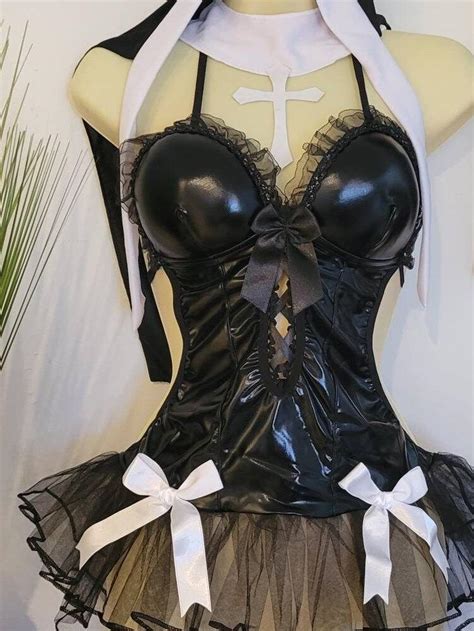 Sexy Nun Latex Costume Set Naughty Nun Micro Dress Black White Lace Lingerie Cosplay Outfits
