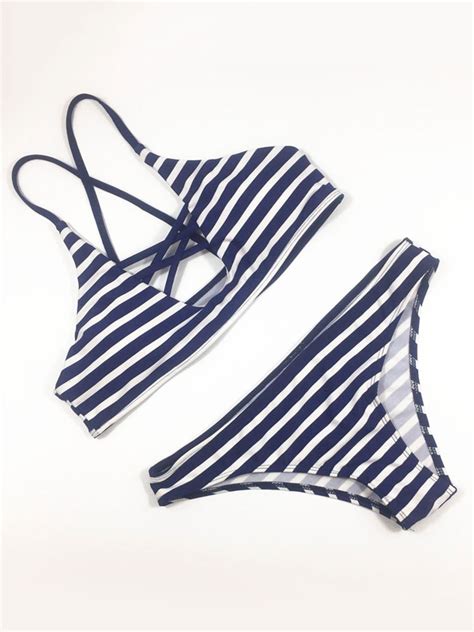 Maillots De Bain Deux Pièces Pour Femmes Rayures Bleu Foncé Taille