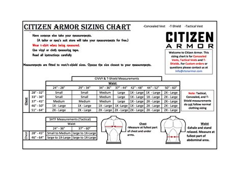 Citizen Armor Sizing Chart