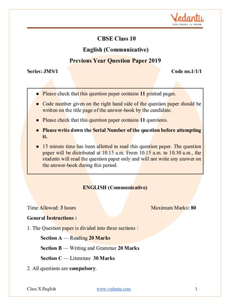 Fillable Online English Communicative Question Paper For CBSE Class 10