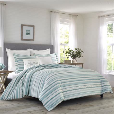 Tommy Bahama Clearwater Cay 3 Piece Blue Striped Seersucker Cotton Full Queen Comforter Set