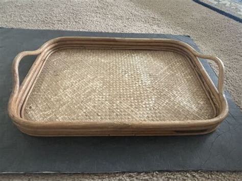 Vintage Bamboo Serving Tray Woven Rattan Wicker Boho MCM Tray 19x13