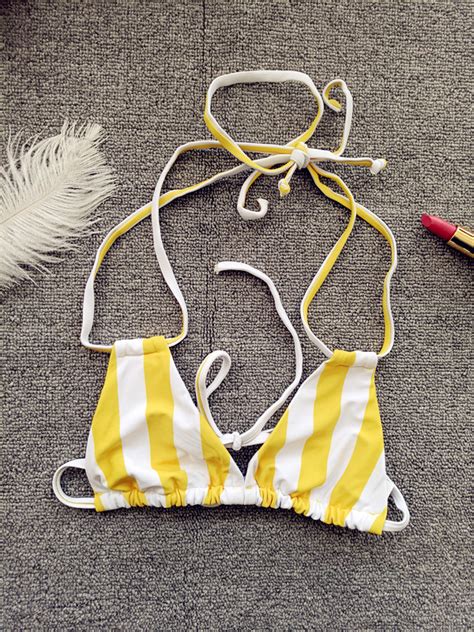 New Design White And Yellow Stripe Thong Bikini Set Brazilian