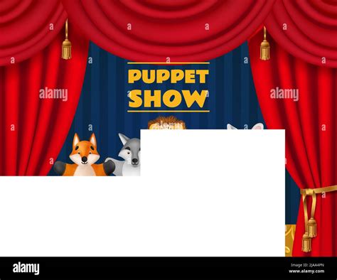 Children Puppet Show On Theater Stage With Red Curtains And Animal Toys