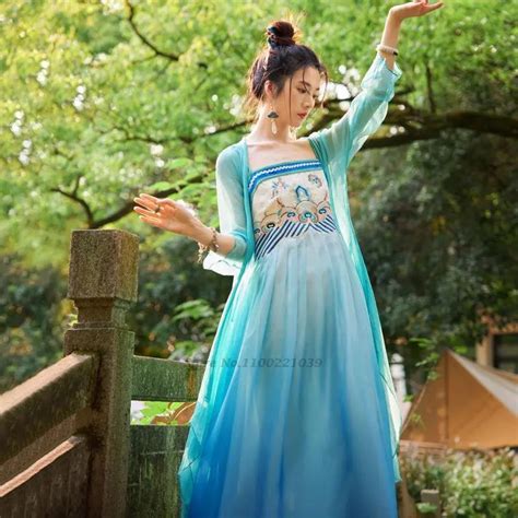 2023 Hanfu Dress Folk Dance Costume Chinese Traditional National Strap Dress Ancient Flower