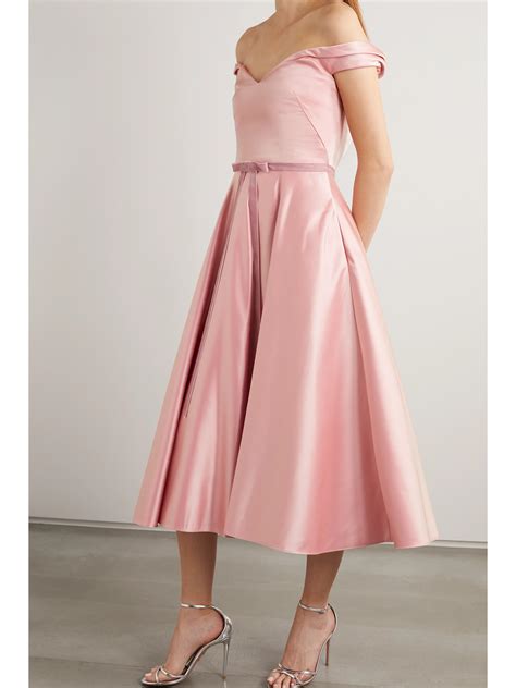 Marchesa Notte Off The Shoulder Velvet Trimmed Duchesse Satin Midi Dress In Pink Modesens