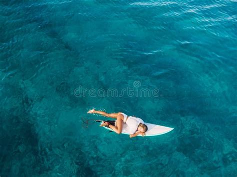 Naked Surfer Girl With Surfboard On Tropical Beach Harmony With Nature