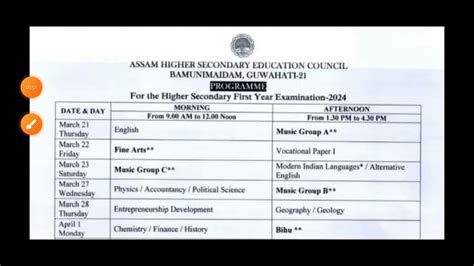 AHSEC HS 1st Year Final Examination 2024 Routine Timetable Class XI