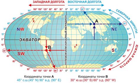 Физическая карта мира с координатами широты и долготы