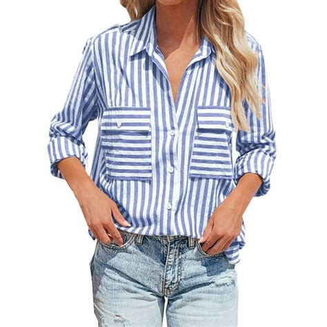 Sexy Dance Ladies Tops Lapel Neck Shirts Long Sleeve Blouse Loose Tunic Shirt Striped Royal Blue