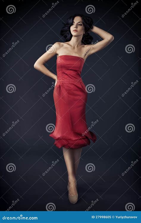 Woman In Red Rose Dress On Dark Stock Image - Image of flower, feminine ...