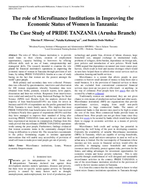 Pdf The Role Of Microfinance Institutions In Improving The Economic Status Of Women In Tanzania