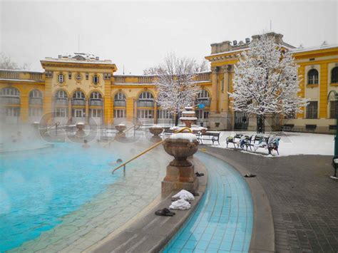 Szechenyi thermal bath in Budapest at snowy winter day, Hungary | Stock Photo | Colourbox