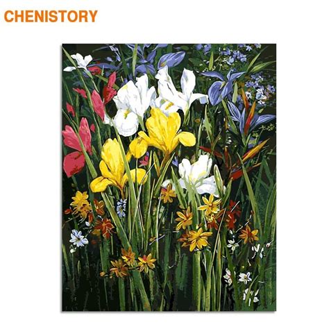 Chenistory pintura por números flores brancas e amarelas caligrafia