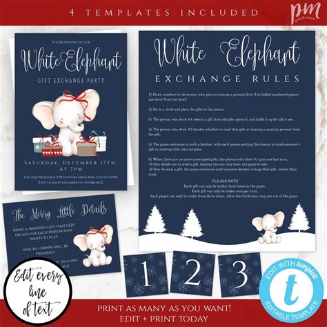 White Elephant Party Template Set Gift Exchange Party Invitation