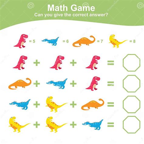 Hoja De Trabajo De Juego De Matemáticas De Temas De Dinosaurios Para Preescolar Ilustración Del