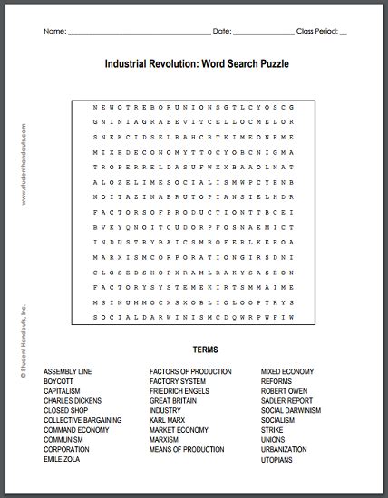 Industrial Revolution Word Search Puzzle Free Worksheet To Print Pdf