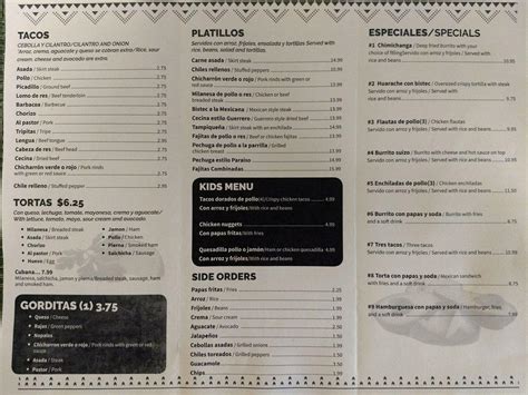 Menu at El Paraiso Restaurant, Elgin, 314 S McLean Blvd