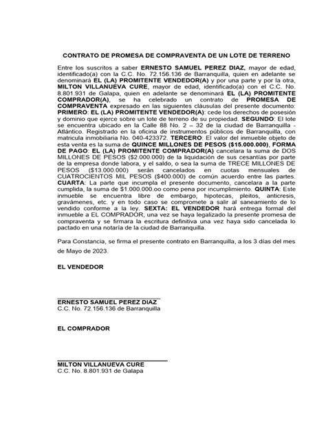 Contrato De Promesa De Compraventa De Un Lote De Pdf Ley Común