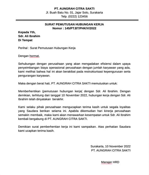 Phk Langkah Aturan Contoh Surat Pemutusan Hubungan Kerja