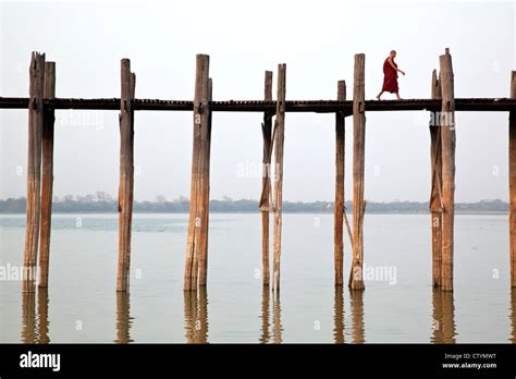 Monk Crossing U Bein Bridge The Longest Teak Bridge Footbridge In