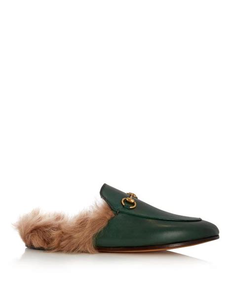 Gucci Princetown Fur Lined Backless Leather Loafers In Green Lyst