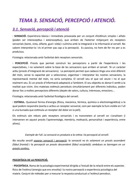 3 Sensació percepció atenció TEMA 3 SENSACIÓ PERCEPCIÓ I ATENCIÓ