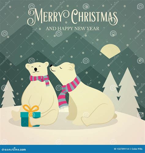 Beautiful Retro Christmas Card With Polar Bears Couple Stock Vector