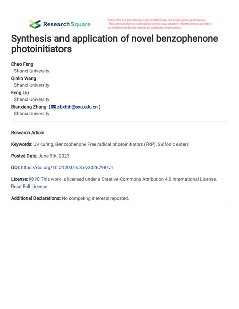 PDF Synthesis And Application Of Novel Benzophenone Photoinitiators