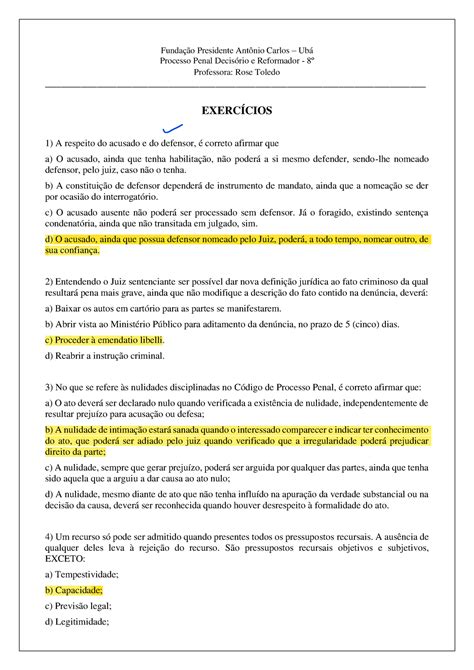 Simulado Rose Funda O Presidente Ant Nio Carlos Ub Processo Penal