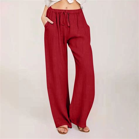 Women Plus Size Cotton Linen Wide Leg Pants Casual Loose Fit Elastic