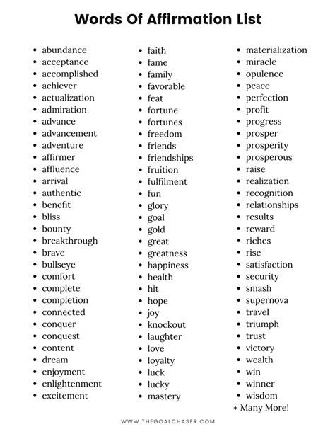 Affirmation Words List - 100 Positive Affirmation Words - The Goal Chaser