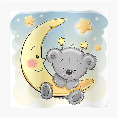 Cartoon Teddy Bear On The Moon Poster By Reginast Redbubble