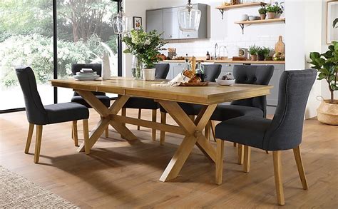 Grange Extending Dining Table And 8 Bewley Chairs Natural Oak Veneer And Solid Hardwood Slate Grey