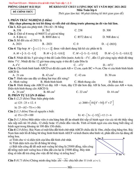 Đề Kscl Học Kỳ 1 Môn Toán 6 Huyện Hải Hậu Nam Định 2021 2022 2m 2m F E D C A B PhÒng GdandĐt