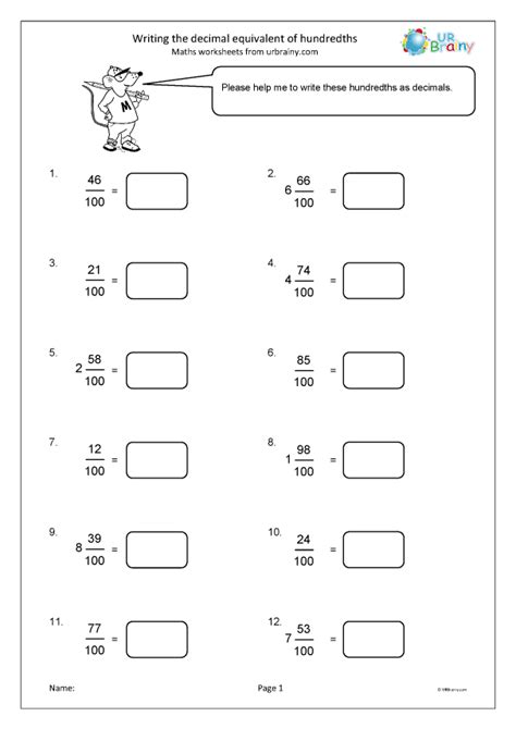 Writing The Decimal Equivalent Of Hundredths Fraction And Decimal Worksheets For Year 4 Age 8