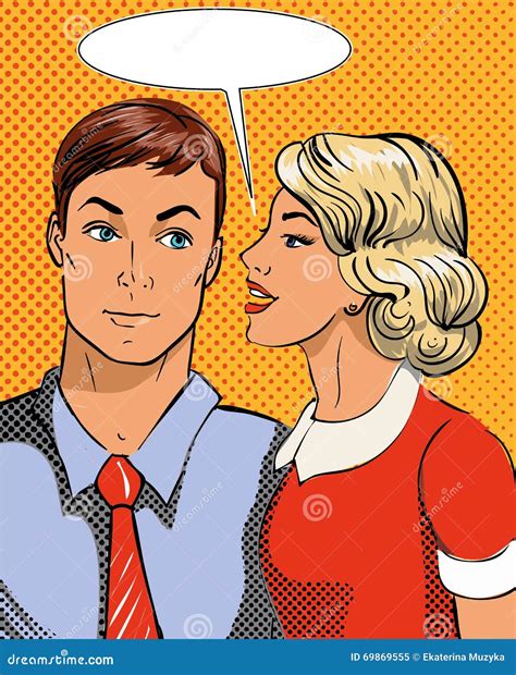Vector Illustration in Pop Art Style. Woman Telling Secret To Man