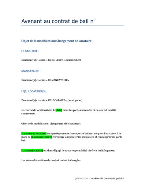 Avenant Au Contrat De Bail Changement De Locataire Doc Pdf Page Hot