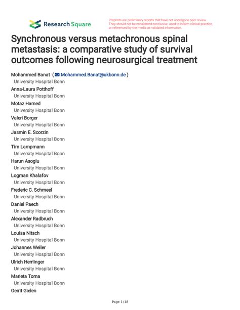 PDF Synchronous Versus Metachronous Spinal Metastasis A Comparative