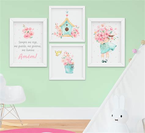 Quadro Infantil Quarto Beb Menina Flores Jardim Aquarela Elo