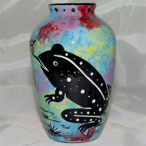 Five Inch Vase With Toad On Turquoise Blue MANA POTTERY