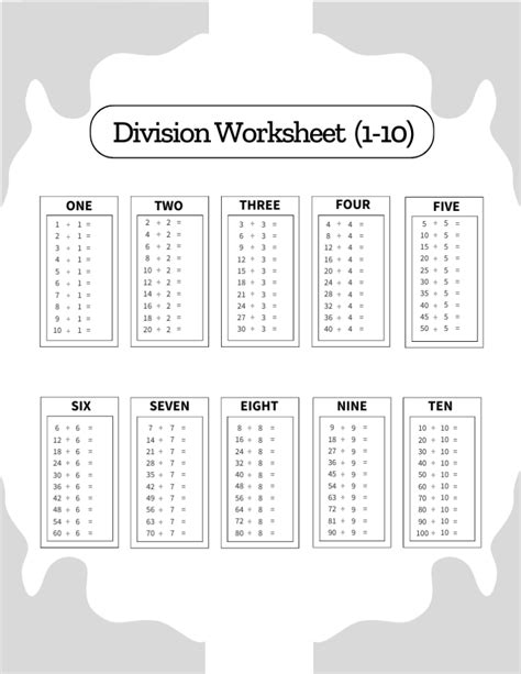 Division Charts And Worksheets Free Printable Pdf Files