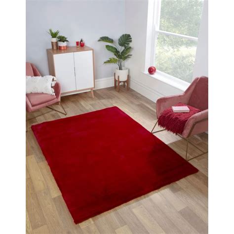 HMC Luxe Faux Fur Red Plain Shaggy Rug Ashanti Rugs