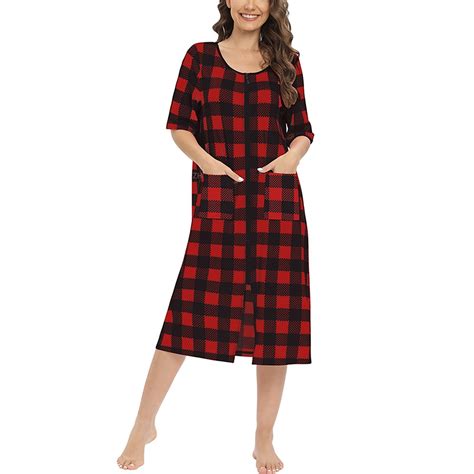 Baywell Women's Zipper Front House Coat Plaid House Dresss Short Sleeve ...