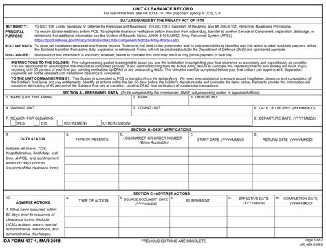 Da Form 137 1 Unit Clearance Record Army Pubs Da Form