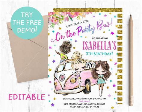 Editable Party Bus Invitation Party Bus Birthday Party Party - Etsy