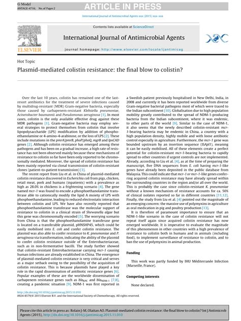 (PDF) Plasmid-mediated colistin resistance: The final blow to colistin?