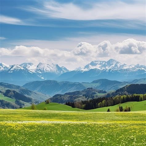 Premium Photo A Green Field With Mountains In The Background