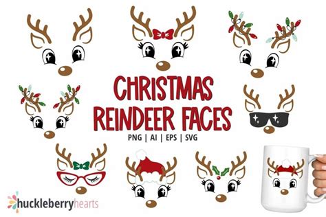 Christmas Reindeer Svg Cute Faces Clipart Set