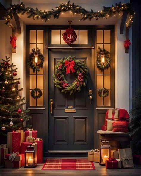 Christmas Wreaths And Presents Are On The Front Door